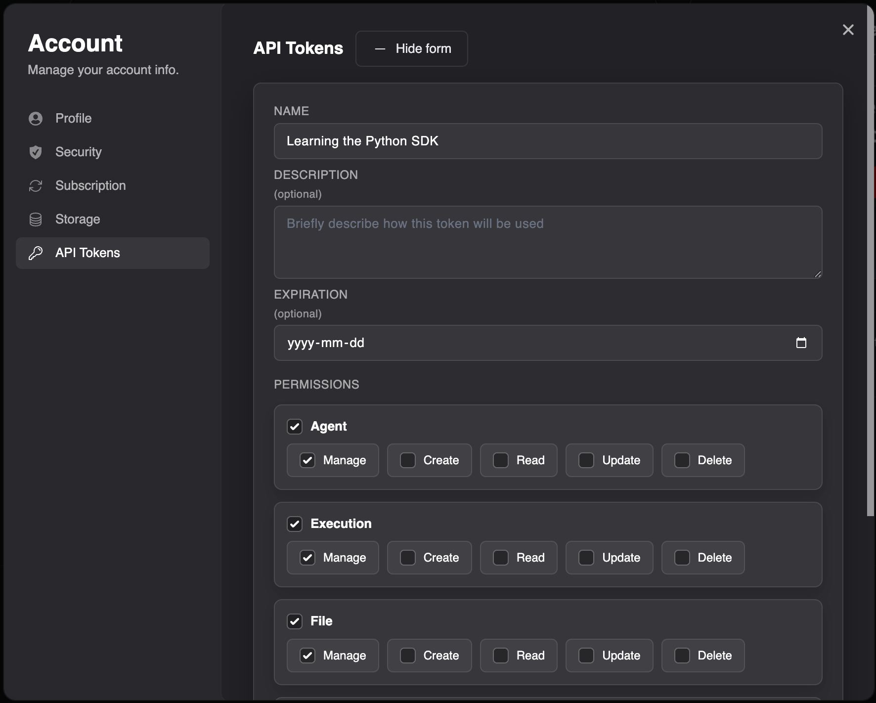 Create the API token