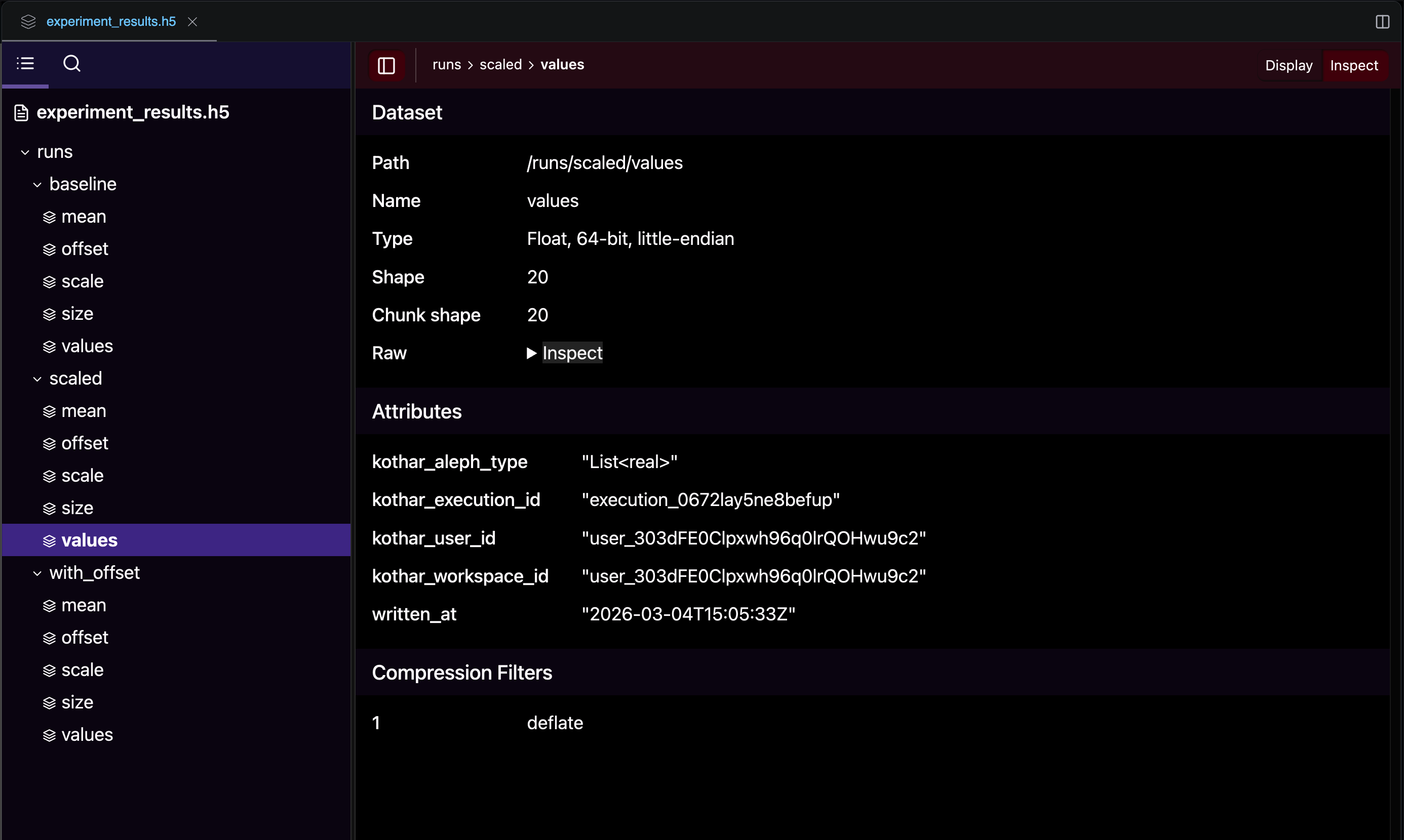 The experiment_results.h5 file after three runs, showing groups for each label and the auto-attached traceability attributes