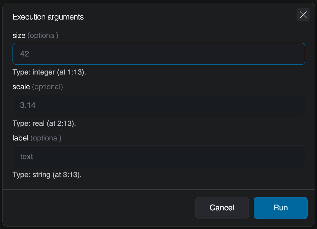 The Forge execution dialog shows one input field per get_arg call, with the argument name, type, and optionality