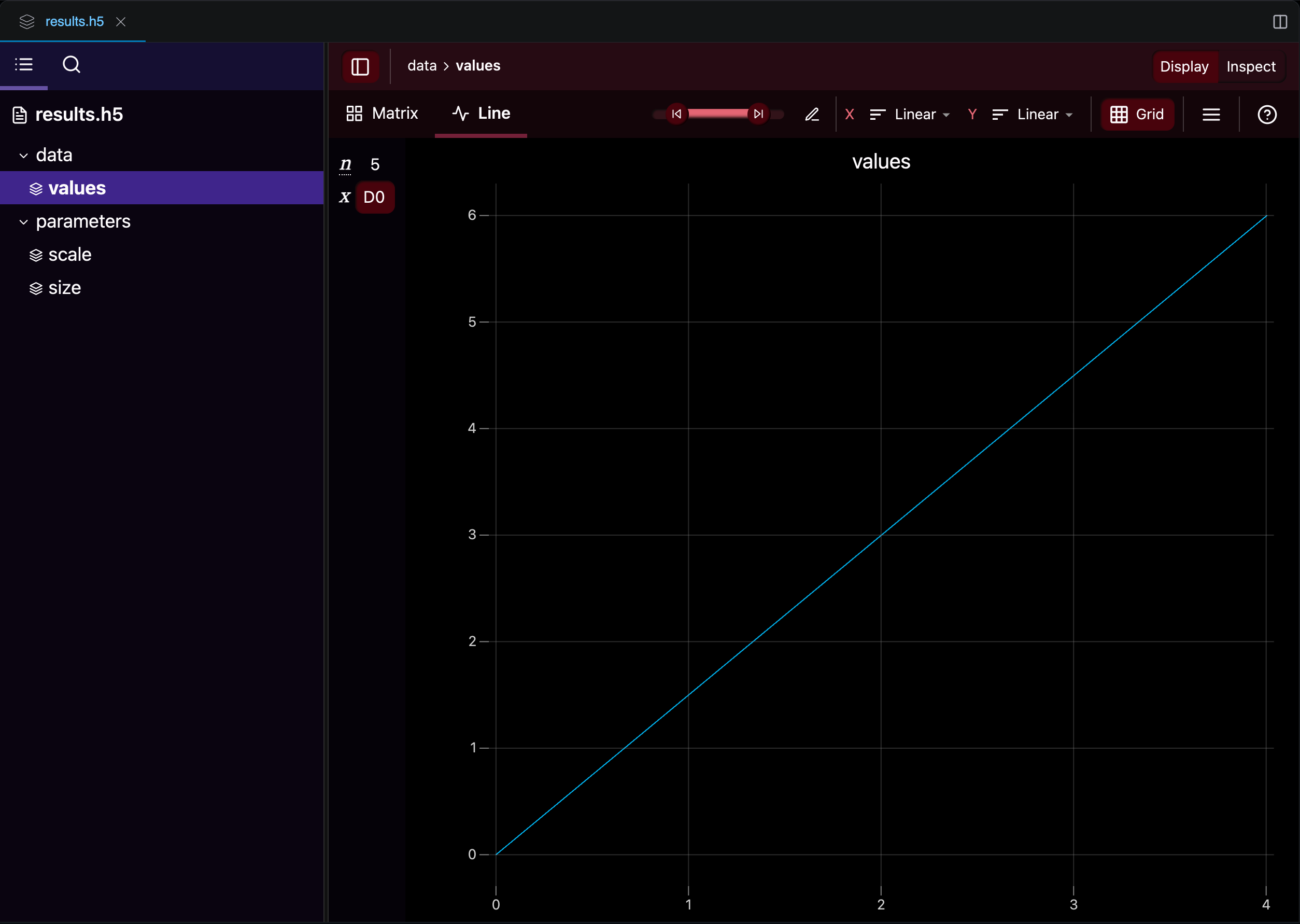 The Workshop file explorer lets you browse HDF5 groups and datasets, and visualize numerical data directly
