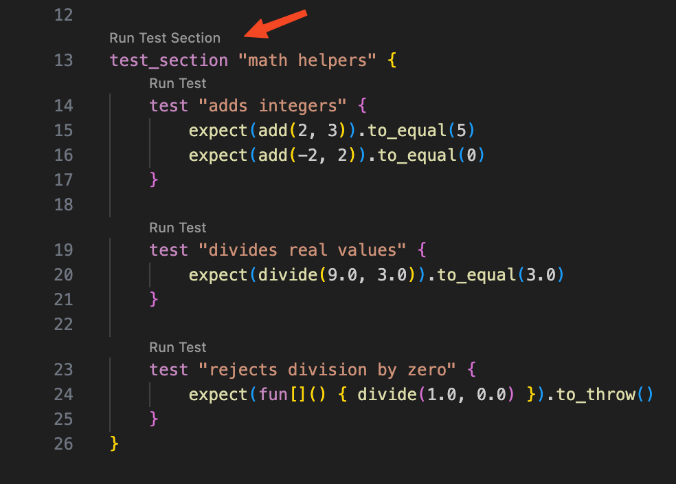 The Workshop editor shows a Run Test Section CodeLens above a test_section block